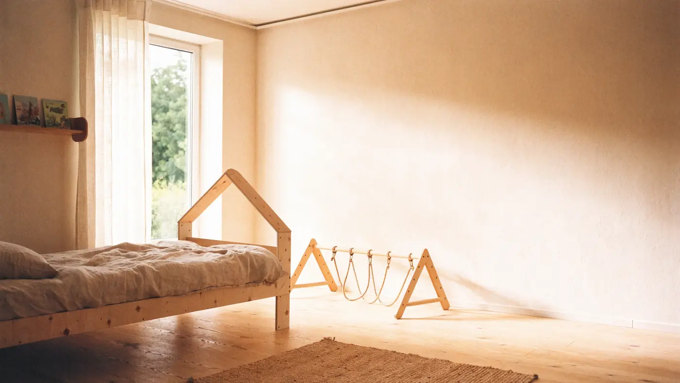 Kinderzimmer mit Hausbett aus Holz am Fenster, Spielbogen und Juteteppich